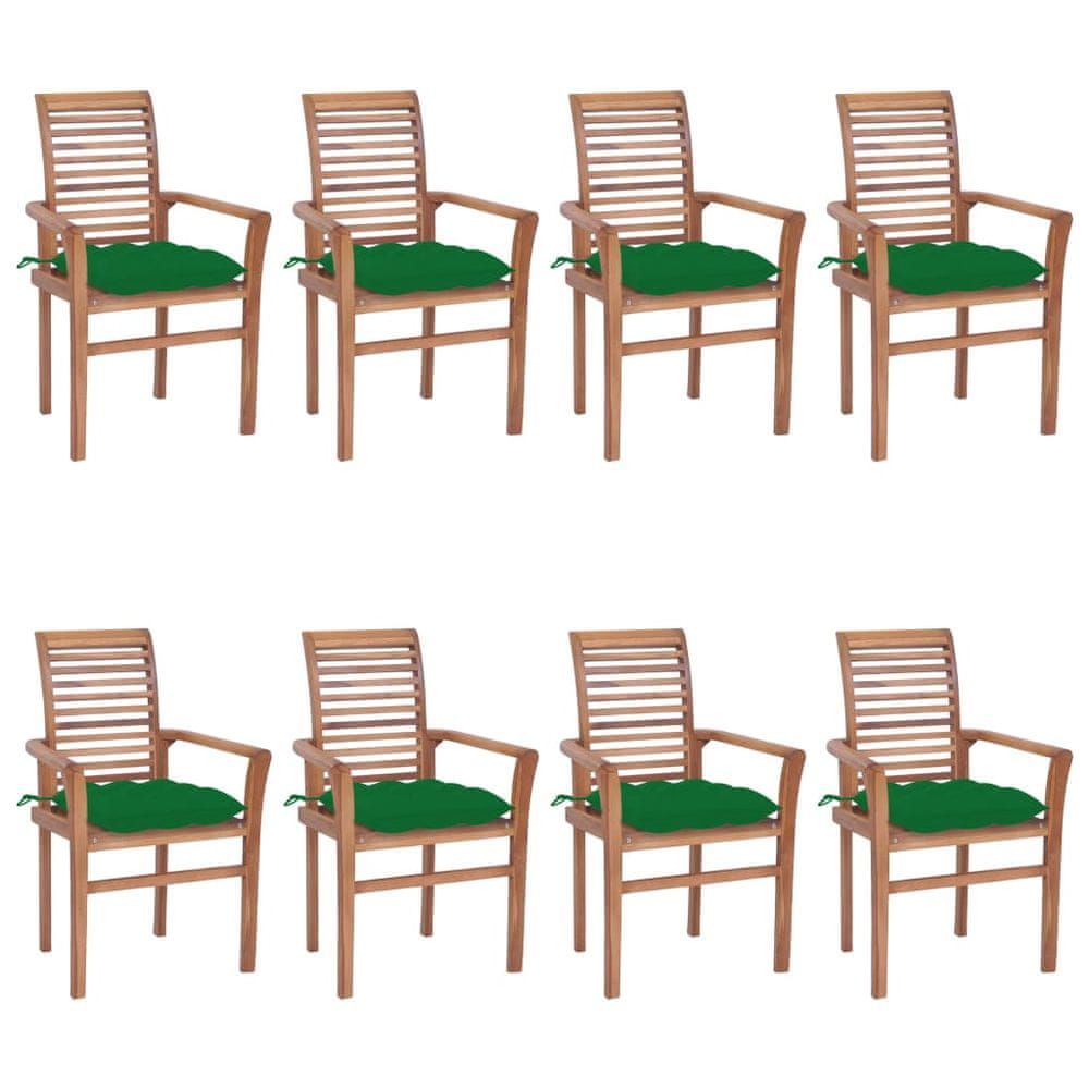 Vidaxl Jedálenské stoličky 8 ks zelené sedáky tíkový masív